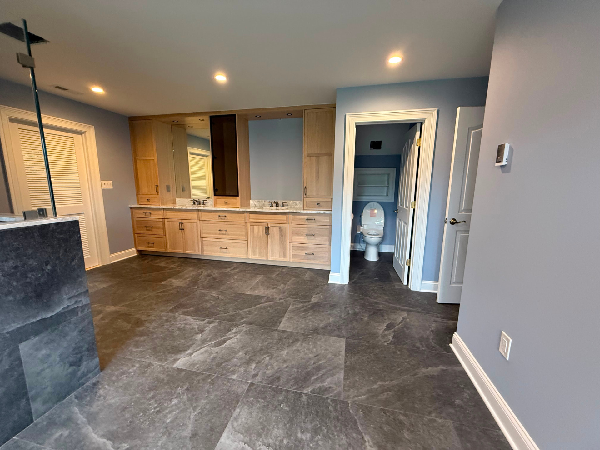 Vanity and water closet with painted walls and white door casings