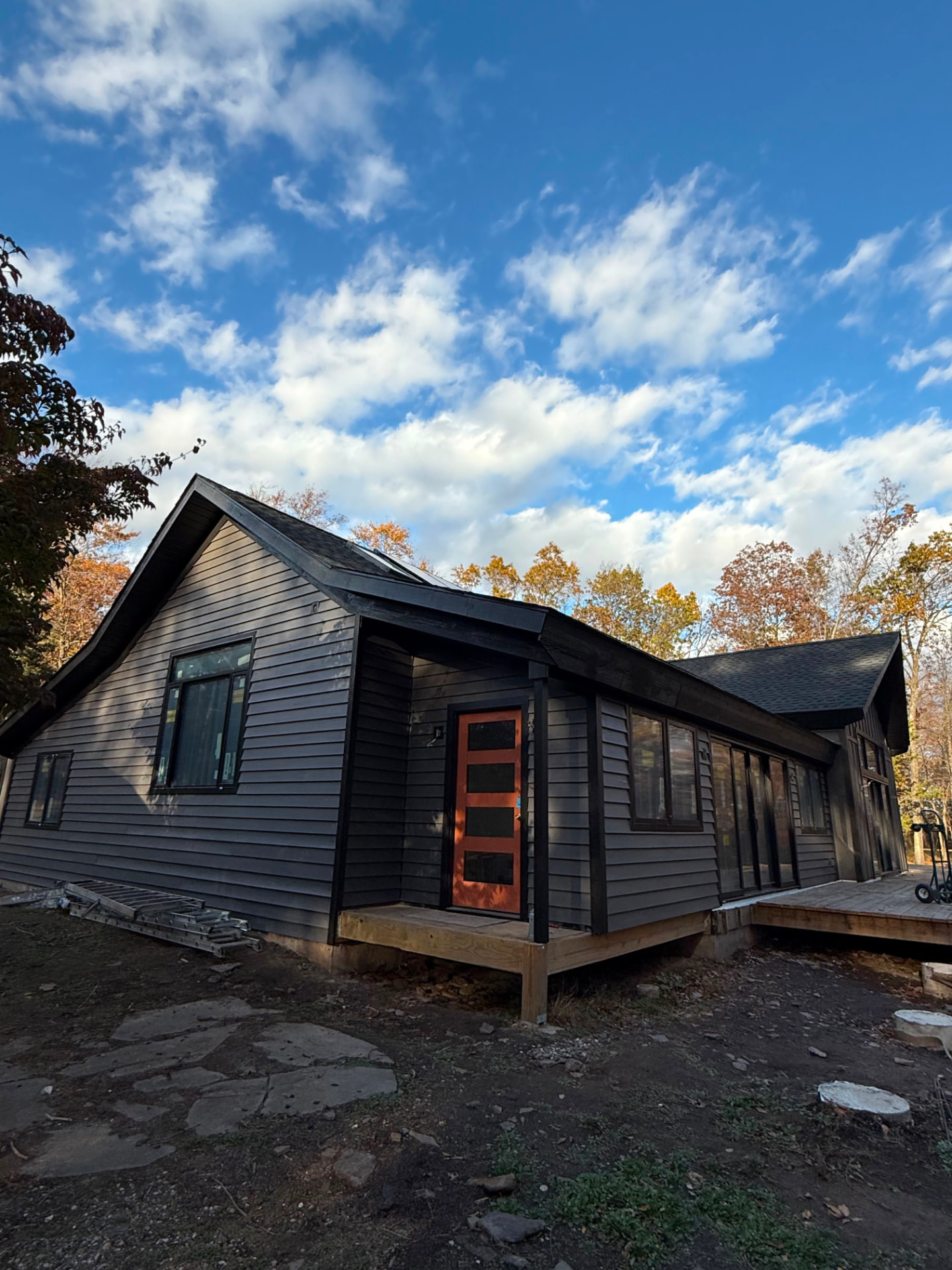 Charcoal siding with a contrasting wood front door